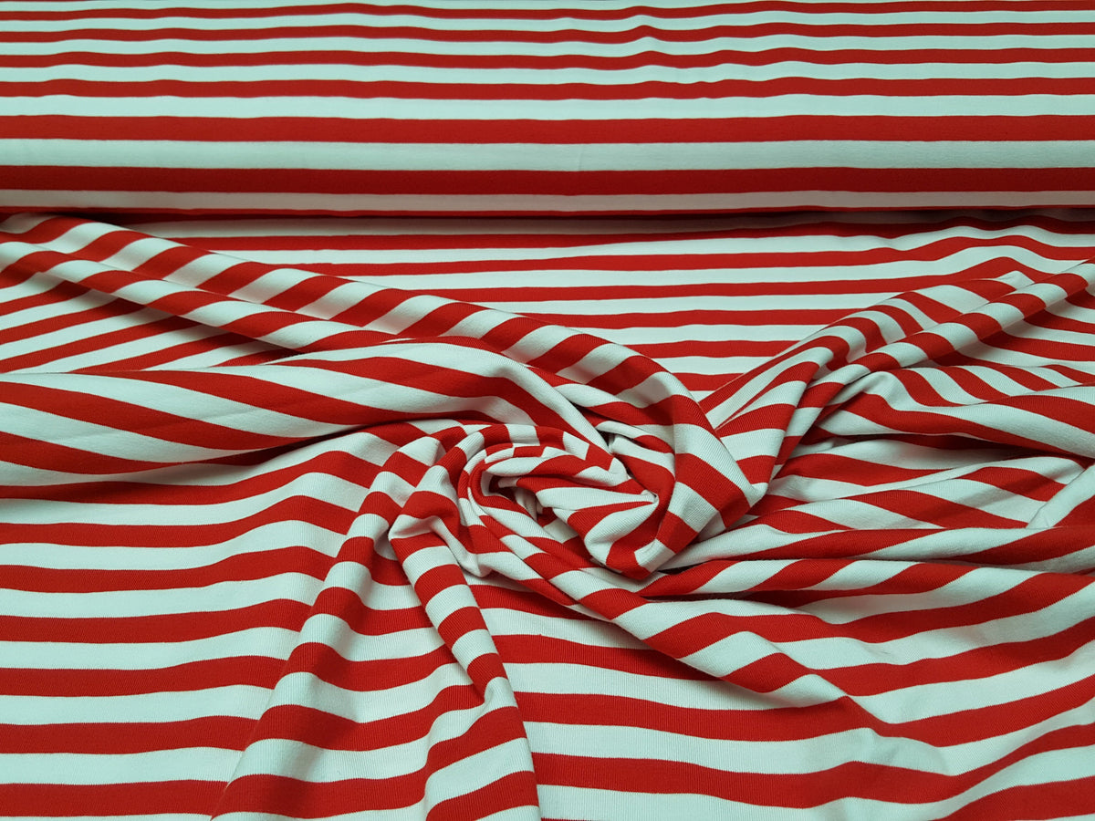 Baumwoll Jersey mit 1 cm breiten Streifen in rot weiß - Modemeter Stoffmarkt Trier   modemeter.de
