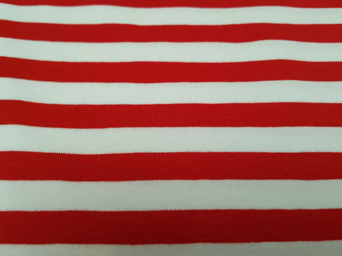 Baumwoll Jersey mit 1 cm breiten Streifen in rot weiß - Modemeter Stoffmarkt Trier   modemeter.de