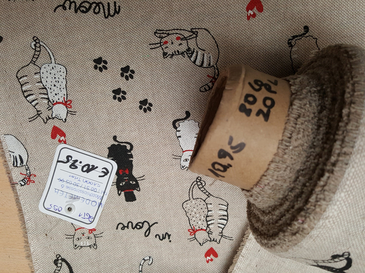 Dekostoff im Leinenlook mit Katzen Karikaturen - Modemeter Stoffmarkt Trier   modemeter.de