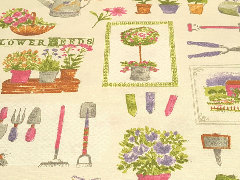 Heller, ecru farbener Dekostoff mit Garten Motiven - Modemeter Stoffmarkt Trier   modemeter.de