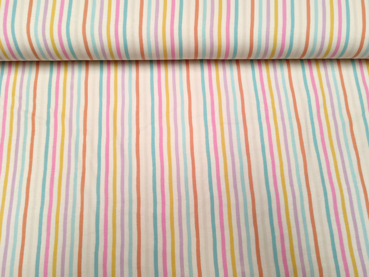 Baumwoll Jersey in ecru mit bunten patellfarbenen Streifen