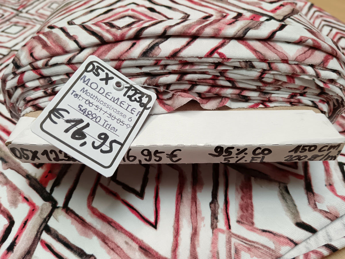 Besonderer Baumwoll Jesey in weiß mit roten grafischen Elementen - Modemeter Stoffmarkt Trier   modemeter.de