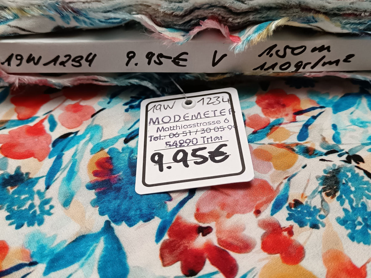 Frischer, fröhlicher Viskosestoff für den Sommer in Blau- Gelb- und Orangetönen - Modemeter Stoffmarkt