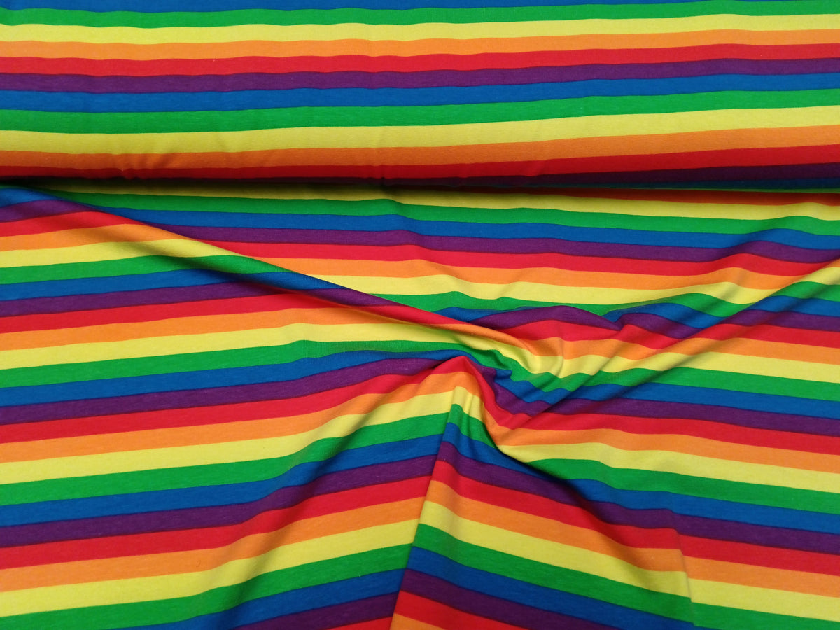 Bunter Baumwoll Jersey mit Regenbogen Streifen Modemeter Stoffmarkt