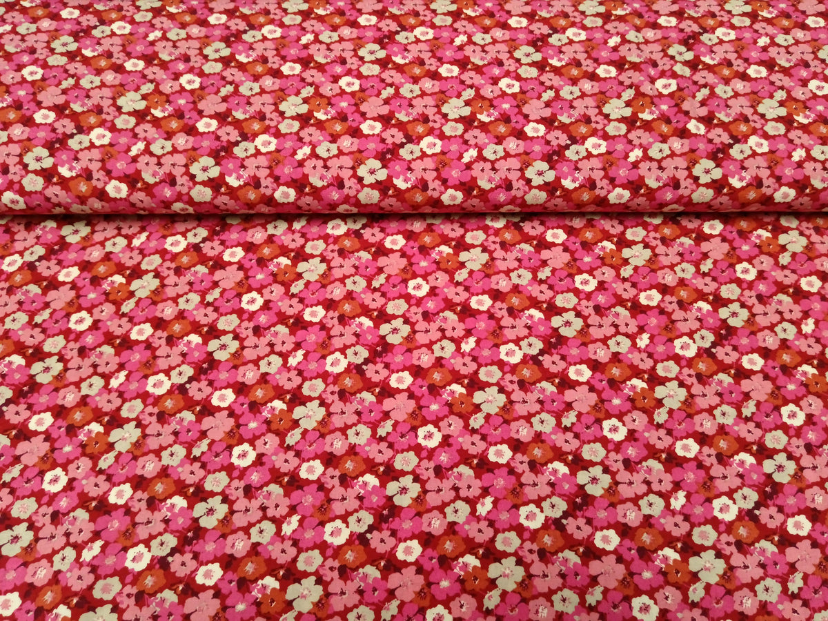 Mille Fleur - luftiger Viskosestoff mit bunten kleinen Blümchen in rot, pink, ecru und rosa - Modemeter Stoffmarkt