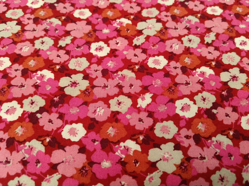 Mille Fleur - luftiger Viskosestoff mit bunten kleinen Blümchen in rot, pink, ecru und rosa - Modemeter Stoffmarkt