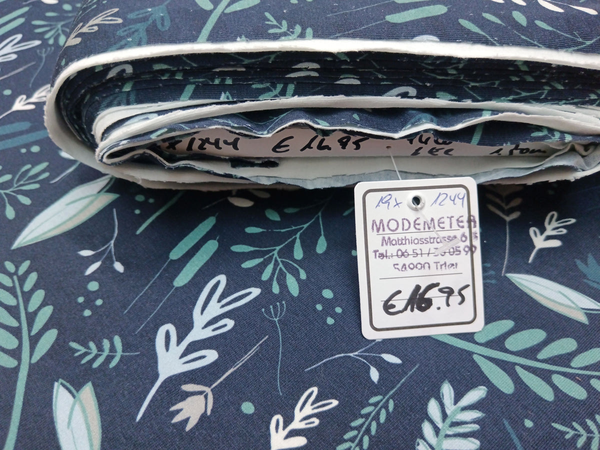 Kuscheliger Baumwolljersey in dunkelblau mit Blättermotiven für Damen und Kinder - Modemeter Stoffmarkt