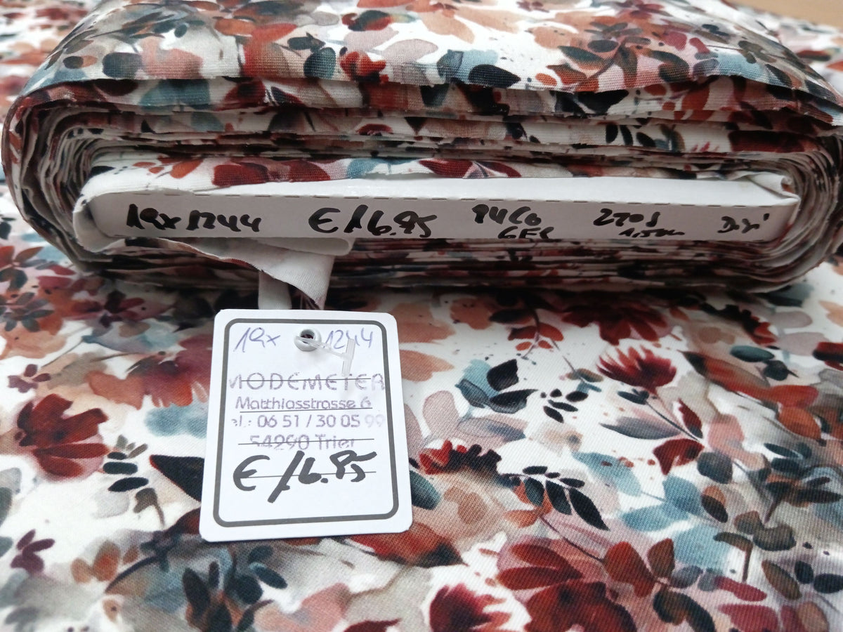 Baumwolljersey als Modejersey in ecru mit herbstlichen Blättermotiven - Modemeter Stoffmarkt