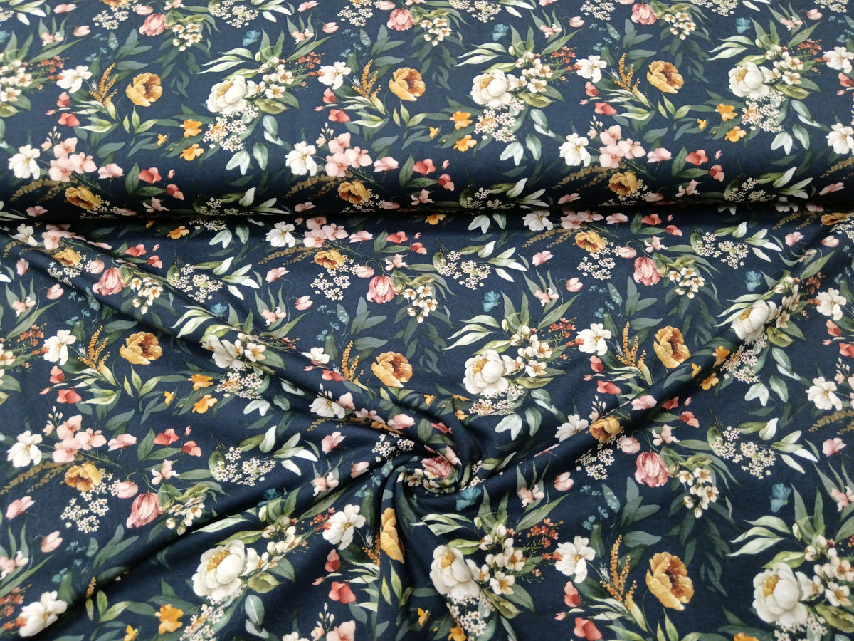 Floral und elegant - Baumwoll Jersey in Petrol mit bunten Blüten - Modemeter Stoffmarkt