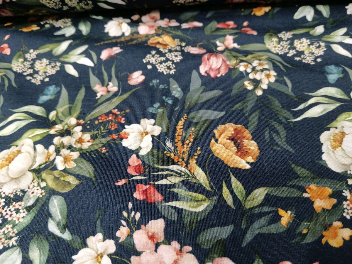 Floral und elegant - Baumwoll Jersey in Petrol mit bunten Blüten - Modemeter Stoffmarkt