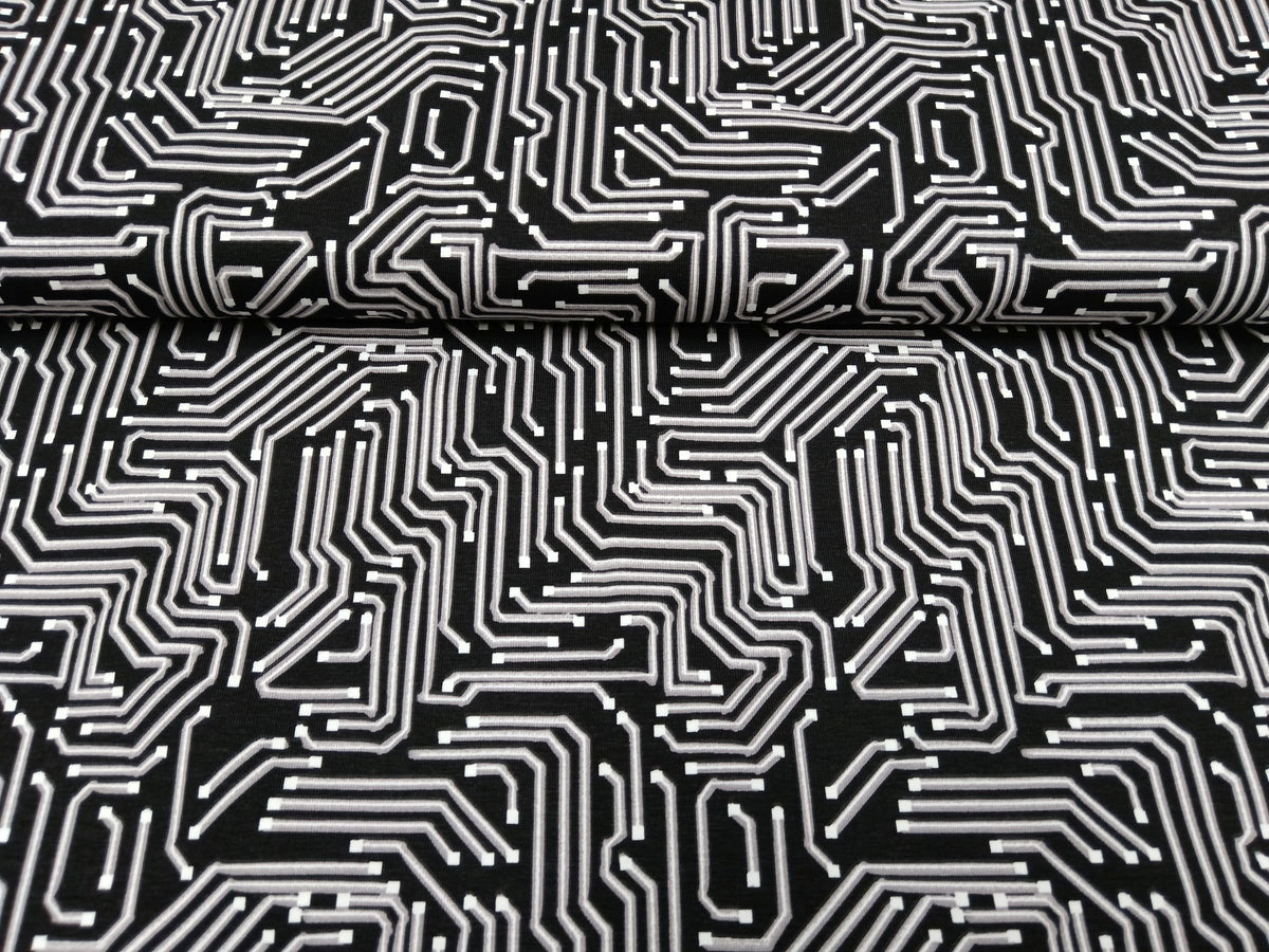 Besonderer Baumwolljersey mit grafischen Linien im Leiterplatten Design in schwarz weiß - Modemeter Stoffmarkt