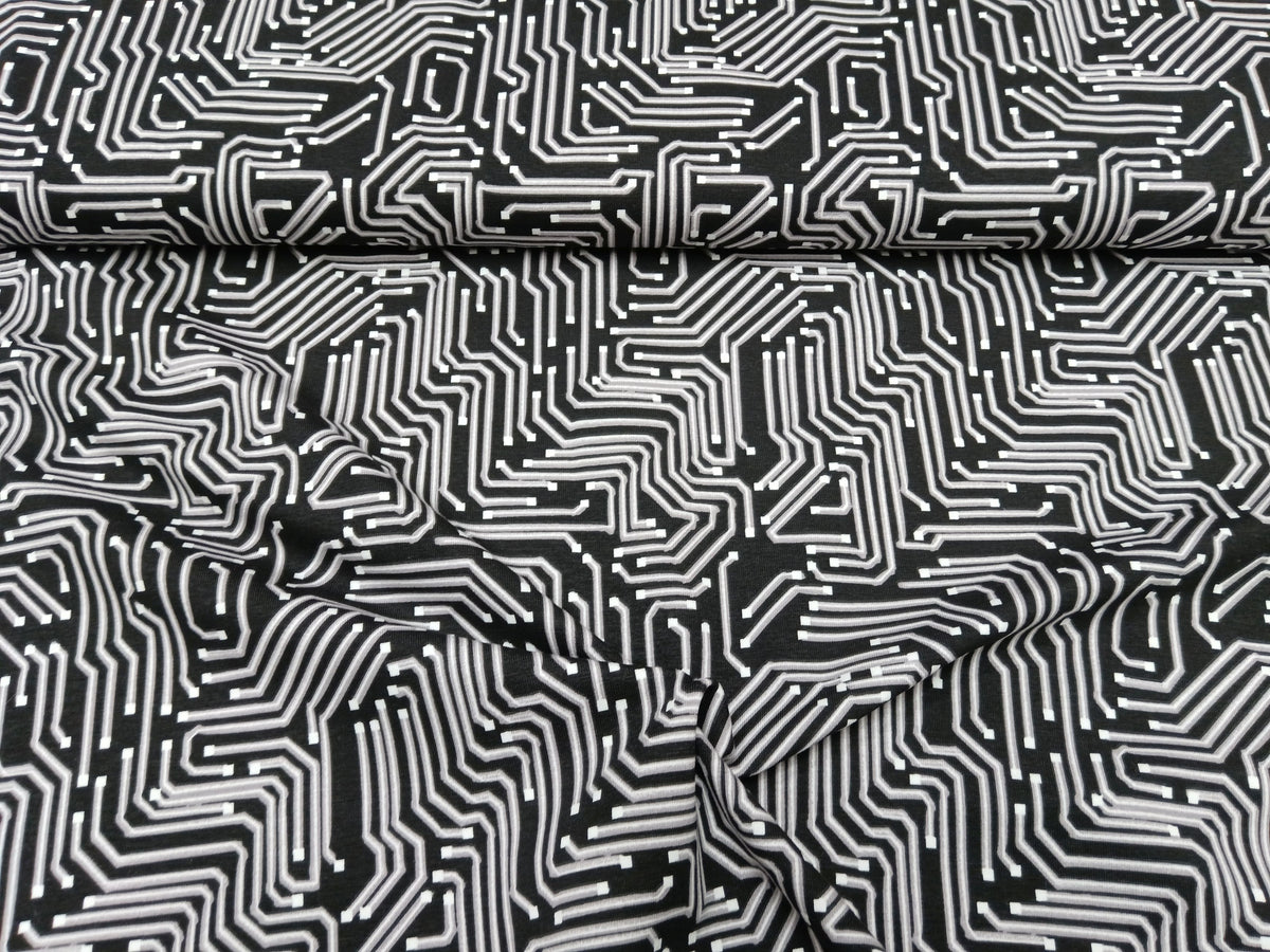 Besonderer Baumwolljersey mit grafischen Linien im Leiterplatten Design in schwarz weiß - Modemeter Stoffmarkt