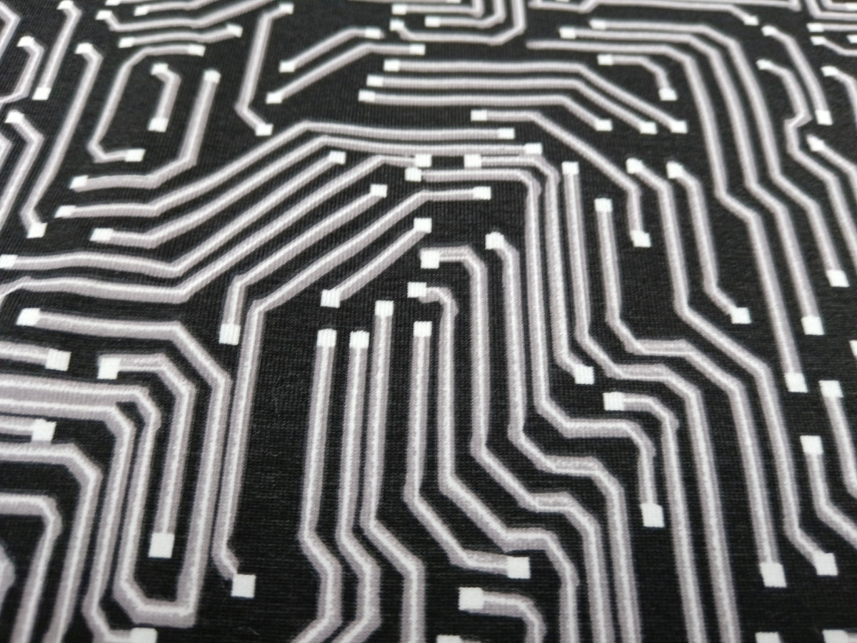 Besonderer Baumwolljersey mit grafischen Linien im Leiterplatten Design in schwarz weiß - Modemeter Stoffmarkt