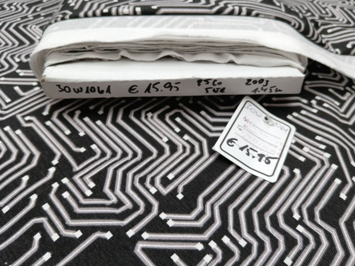 Besonderer Baumwolljersey mit grafischen Linien im Leiterplatten Design in schwarz weiß - Modemeter Stoffmarkt