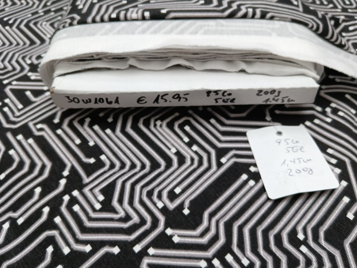 Besonderer Baumwolljersey mit grafischen Linien im Leiterplatten Design in schwarz weiß - Modemeter Stoffmarkt