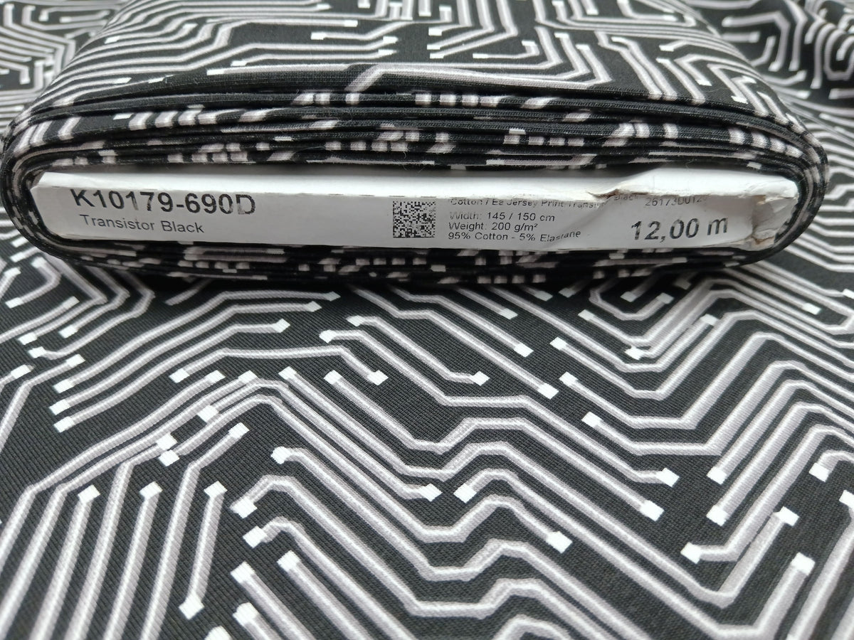 Besonderer Baumwolljersey mit grafischen Linien im Leiterplatten Design in schwarz weiß - Modemeter Stoffmarkt