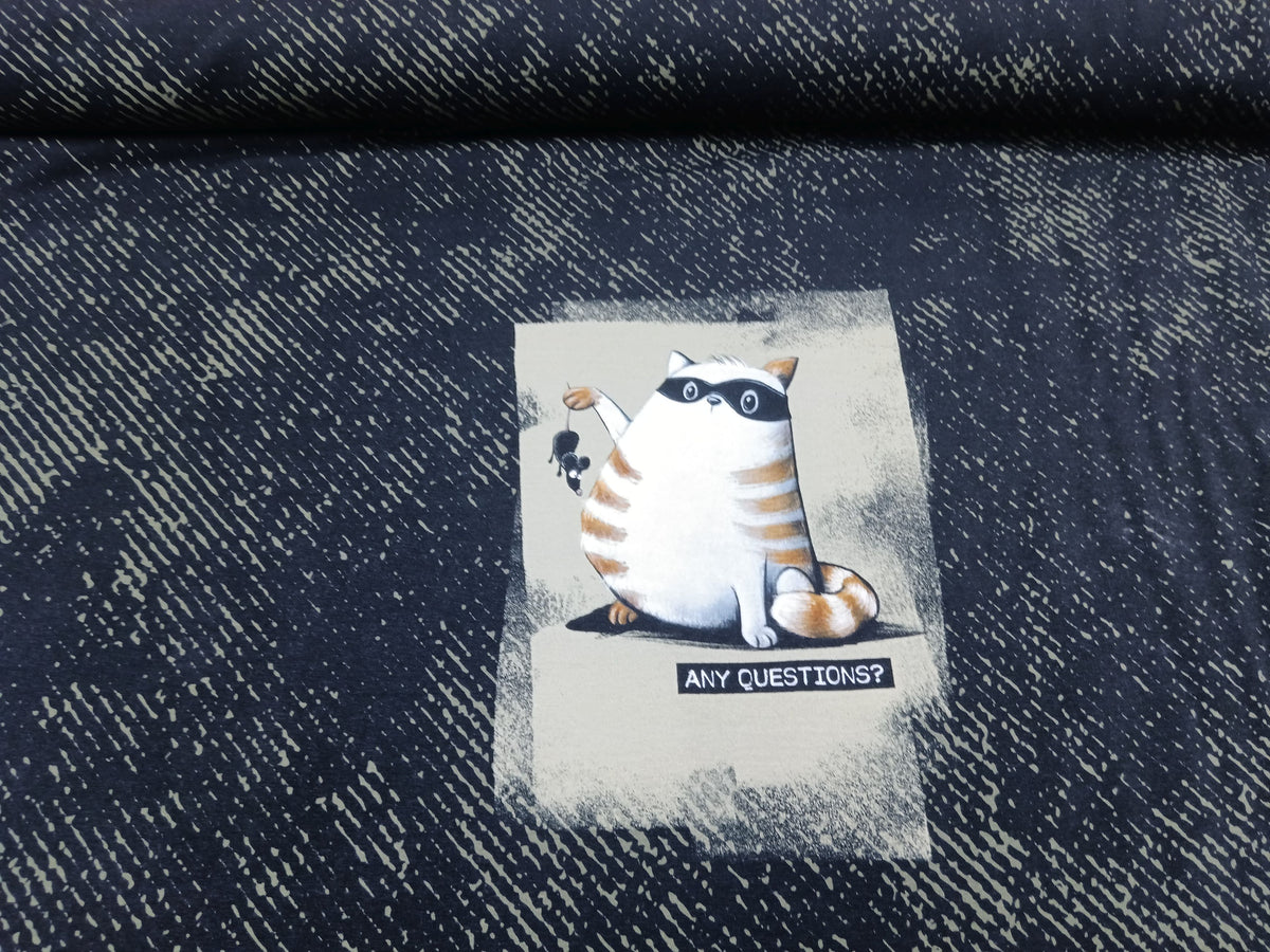 French Terry Panele in grün-schwarz 'Think Outside' mit coolem Katzenmotiv von Thorsten Berger - Modemeter Stoffmarkt