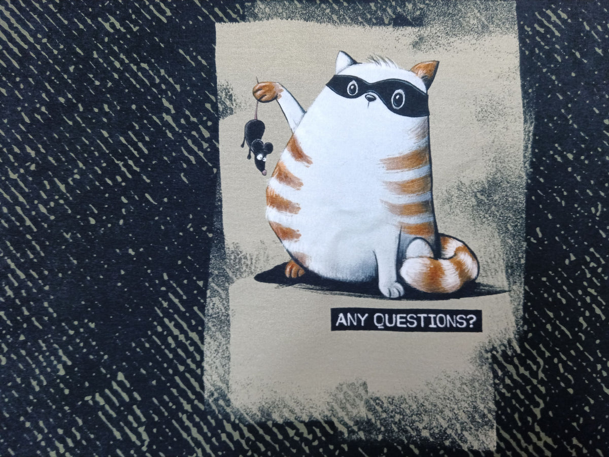 French Terry Panele in grün-schwarz 'Think Outside' mit coolem Katzenmotiv von Thorsten Berger - Modemeter Stoffmarkt