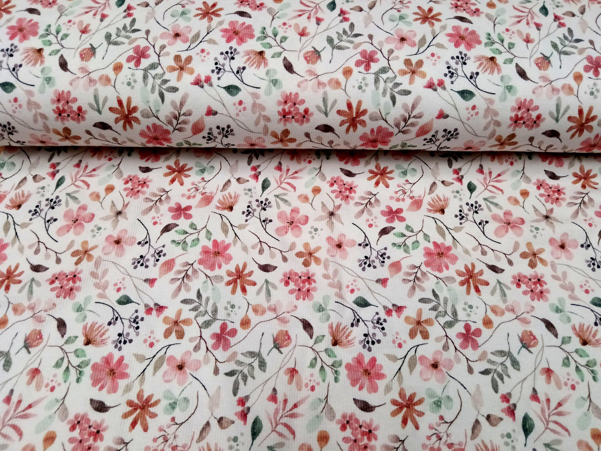 Sommerlicher Ripp Jersey in weiß mit bunten Blüten für Kinder und Erwachsene - Modemeter Stoffmarkt