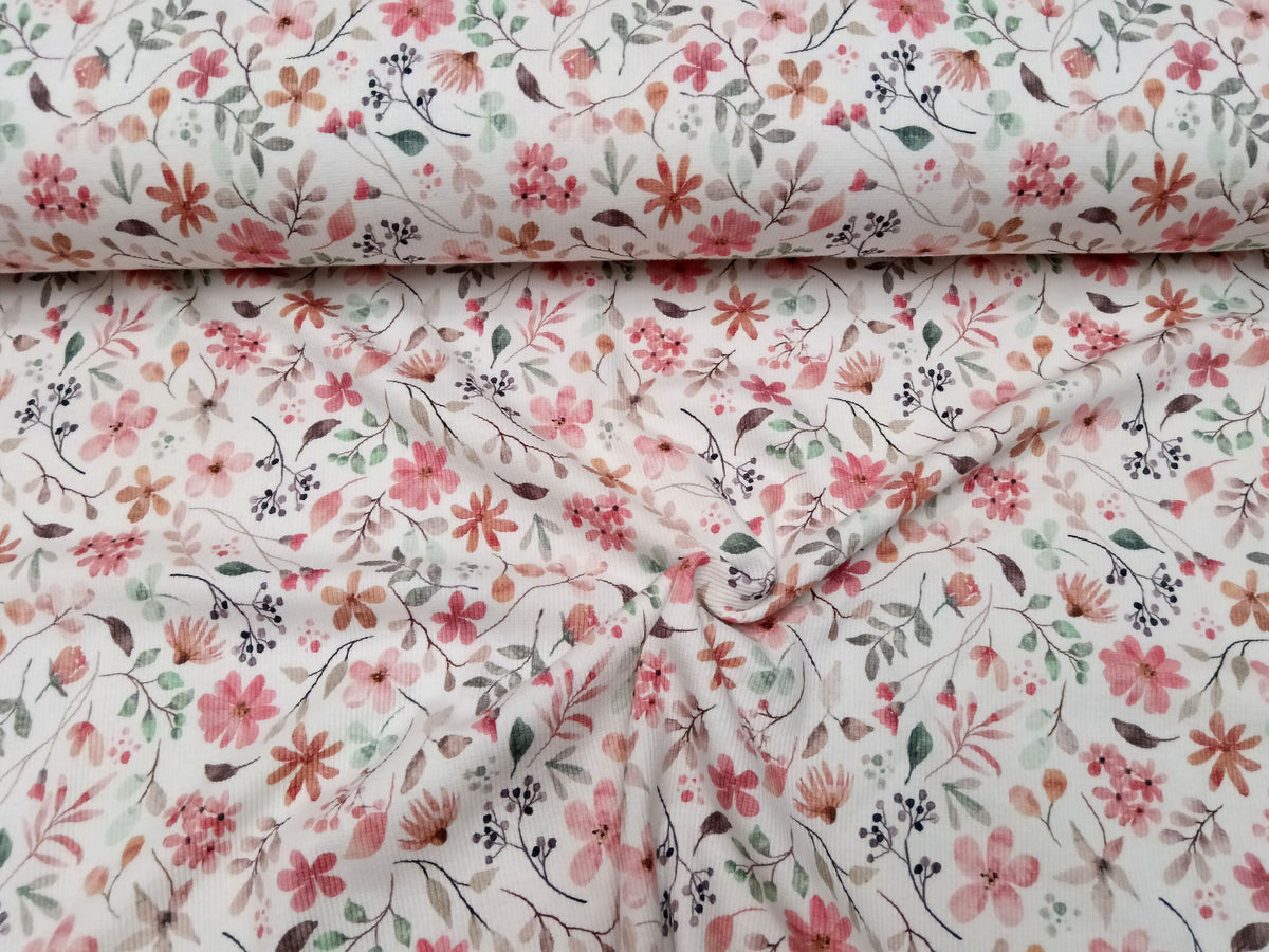 Sommerlicher Ripp Jersey in weiß mit bunten Blüten für Kinder und Erwachsene - Modemeter Stoffmarkt