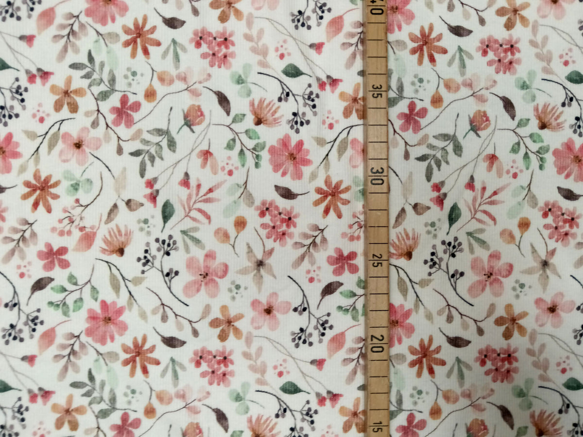 Sommerlicher Ripp Jersey in weiß mit bunten Blüten für Kinder und Erwachsene - Modemeter Stoffmarkt