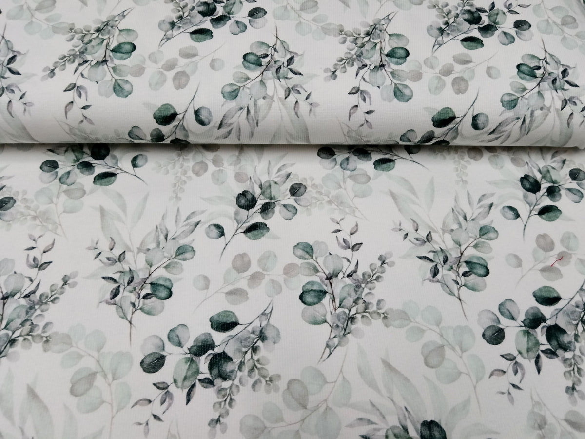 Besonderer Ripp Jersey in weiß mit grün-blauem Eucalyptus Design - Modemeter Stoffmarkt