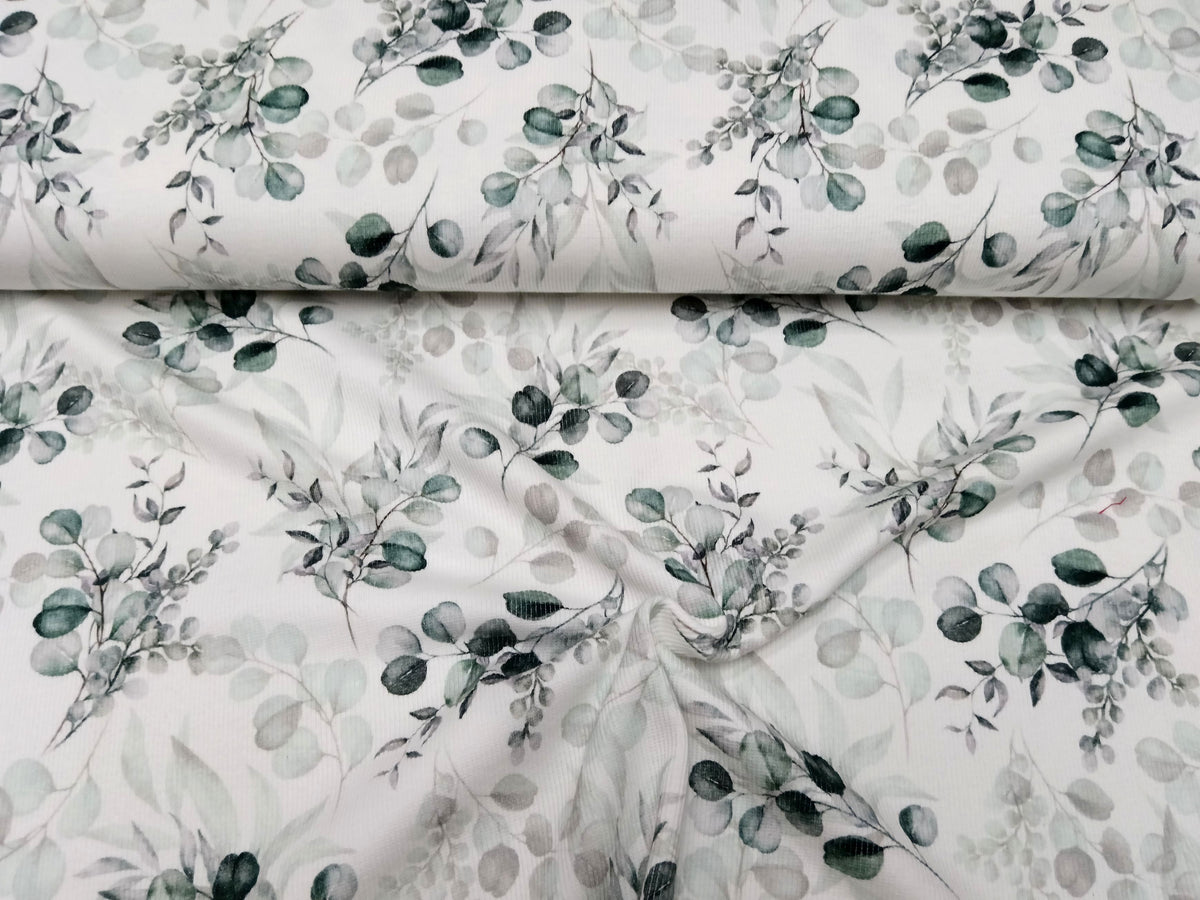 Besonderer Ripp Jersey in weiß mit grün-blauem Eucalyptus Design - Modemeter Stoffmarkt