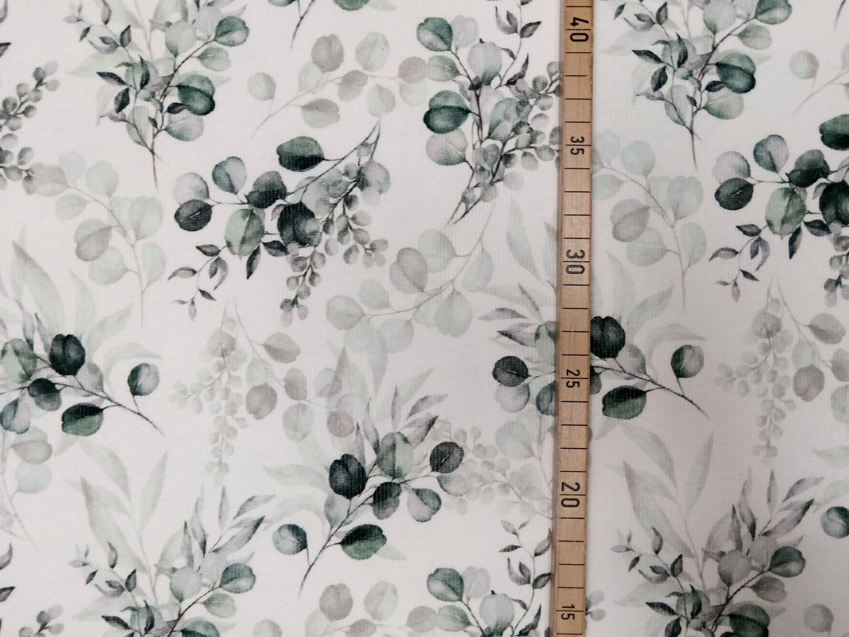 Besonderer Ripp Jersey in weiß mit grün-blauem Eucalyptus Design - Modemeter Stoffmarkt