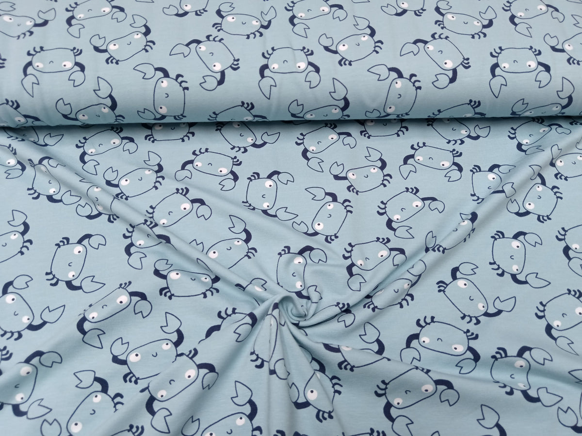 Lustiger Baumwoll Jersey in hellblau mit niedlichen Krebsen - Modemeter Stoffmarkt