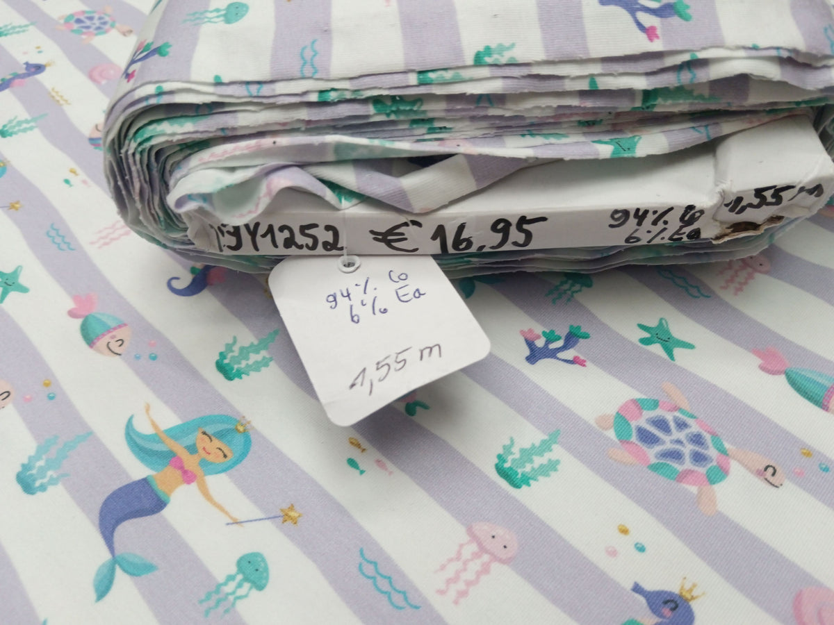 Niedlicher Baumwoll Jersey mit maritimen Motiven und Meerjungfrauen in flieder - weiß