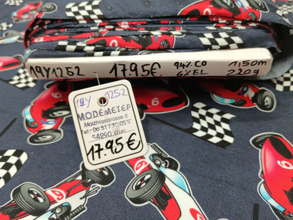 Baumwolljersey in dunkelblau mit Rennwagen Motiven - digital bedruckt