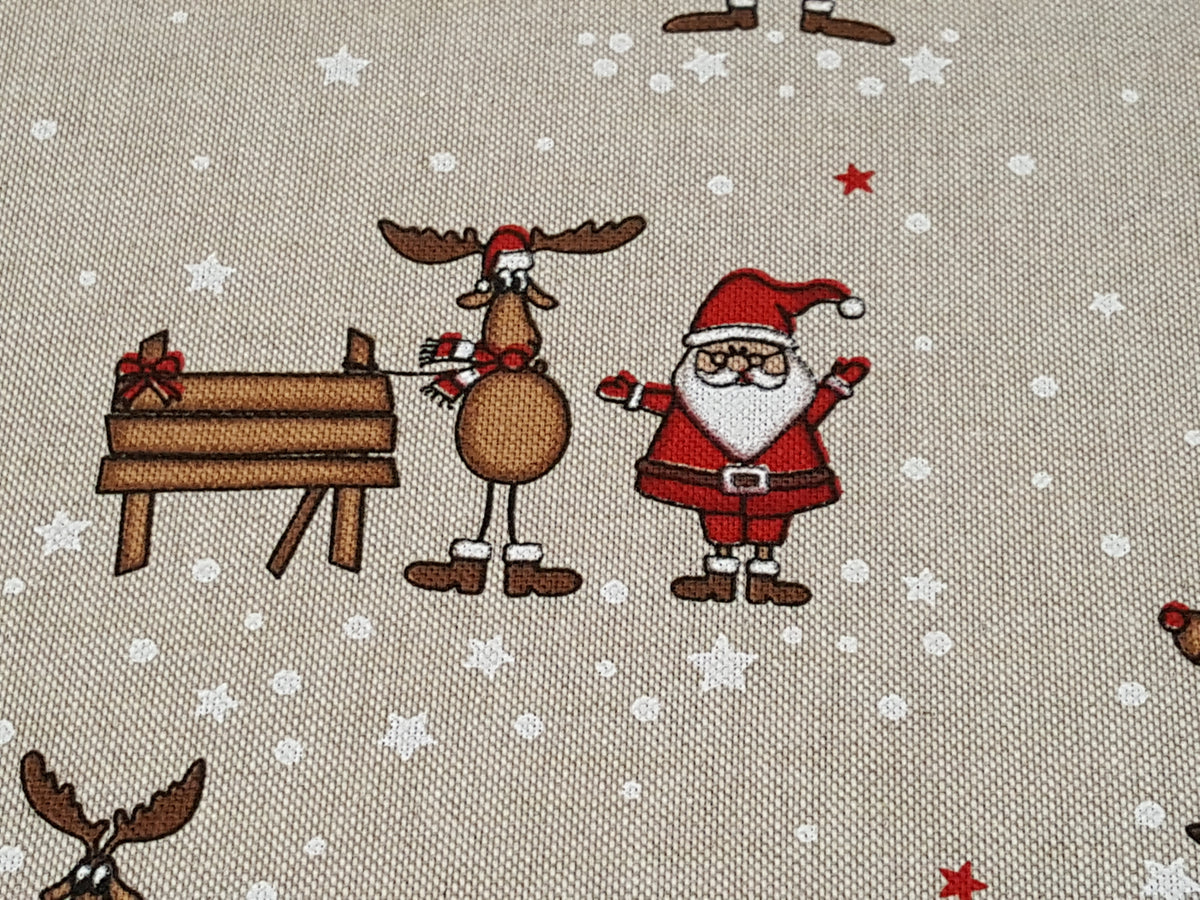 Lustiger Weihnachts - Dekostoff im Leinenlook mit Nikoläusen und Rentieren - Modemeter Stoffmarkt Trier   modemeter.de