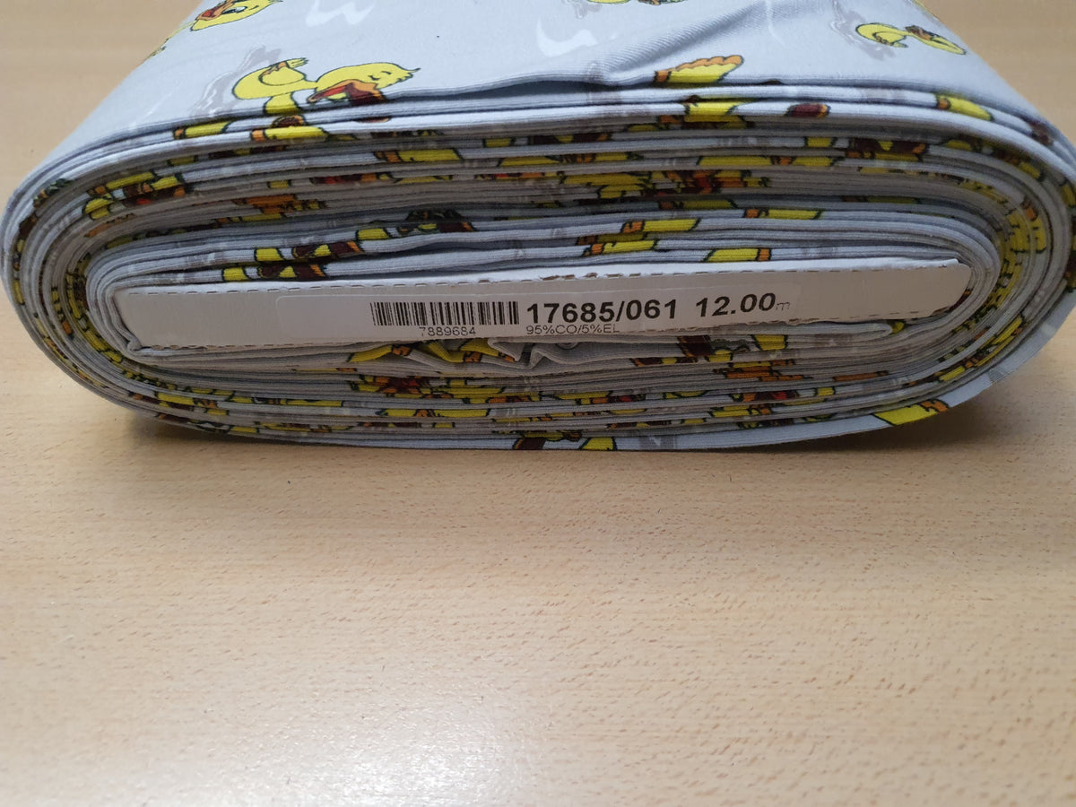 Niedlicher Kinderjersey in hellgrau mit gelben Entchen - Modemeter Stoffmarkt Trier   modemeter.de
