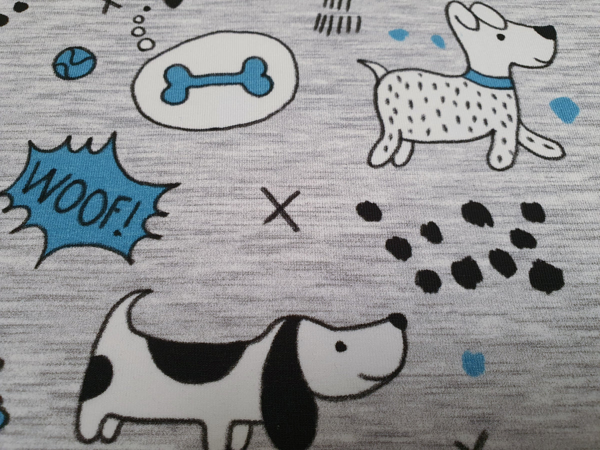 Grau melierter Baumwoll Jersey mit lustigen Hunde Karikaturen - Modemeter Stoffmarkt Trier   modemeter.de