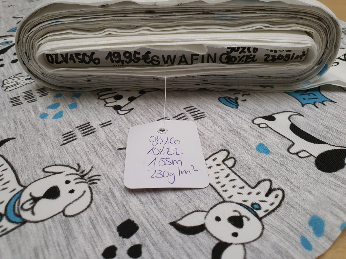 Grau melierter Baumwoll Jersey mit lustigen Hunde Karikaturen - Modemeter Stoffmarkt Trier   modemeter.de