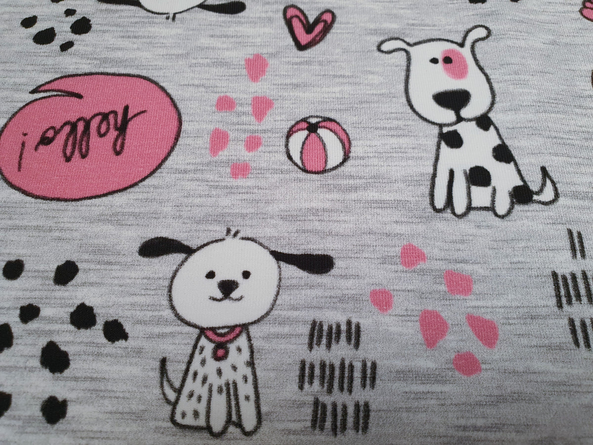 Lustiger Baumwoll Jersey mit niedlichen Hunde Karikaturen in grau meliert mit rosa - Modemeter Stoffmarkt Trier   modemeter.de