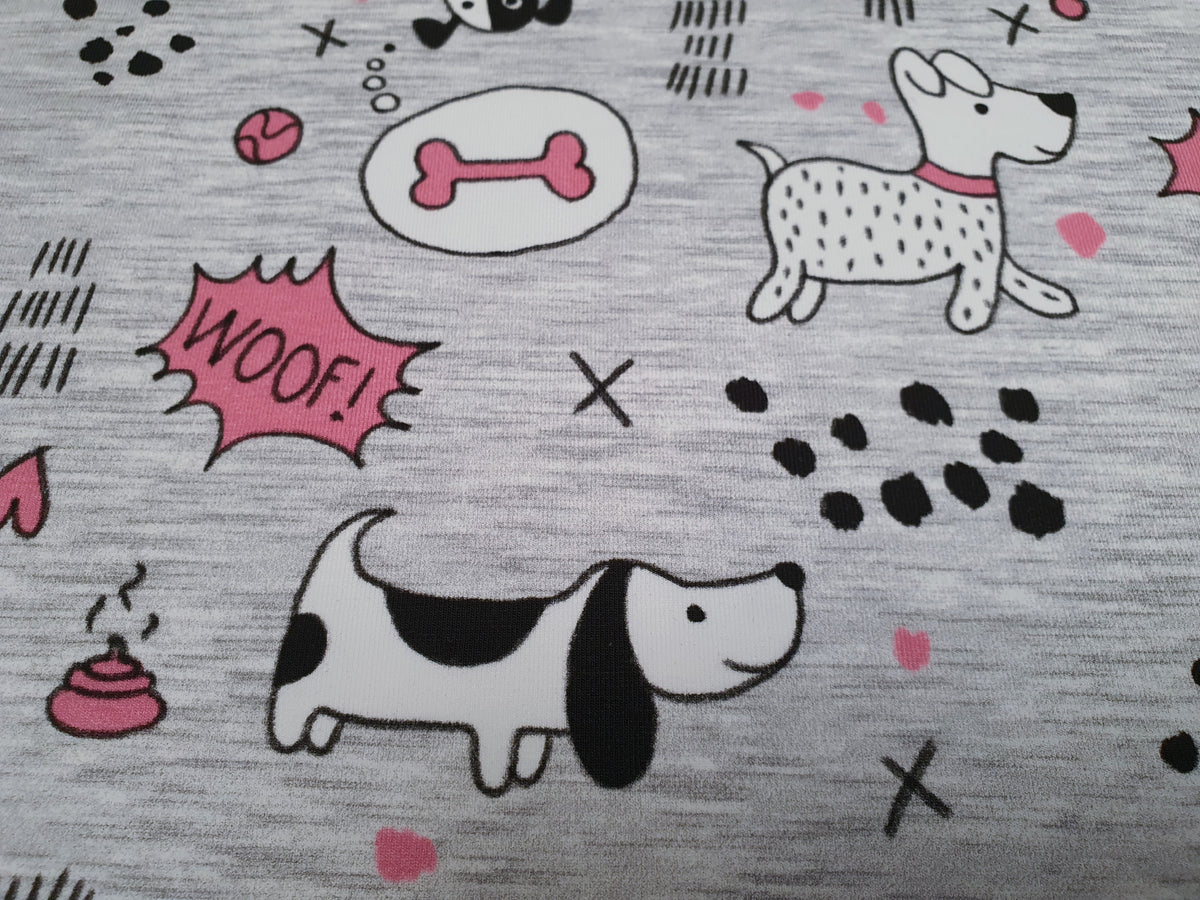 Lustiger Baumwoll Jersey mit niedlichen Hunde Karikaturen in grau meliert mit rosa - Modemeter Stoffmarkt Trier   modemeter.de