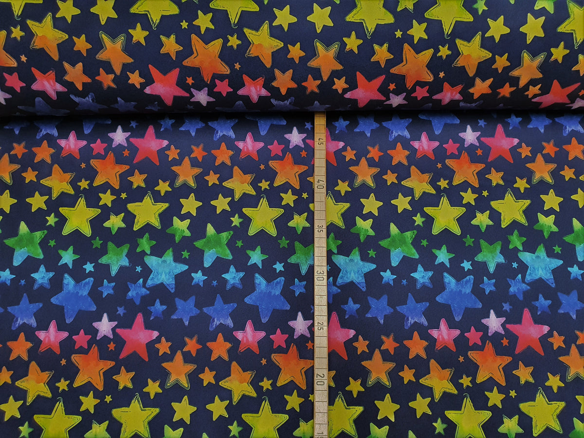 Toller leuchtender Softshell Stoff mit Sternen in dunkelblau - Modemeter Stoffmarkt Trier   modemeter.de