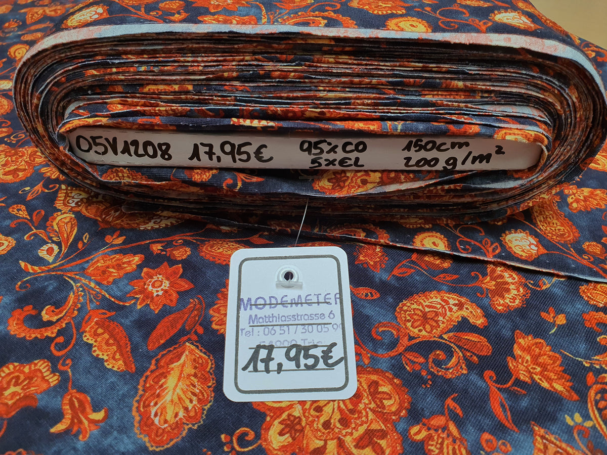 Wunderschöne Herbstfarben in diesem modischen Baumwoll Jersey in blau und goldbraun - Modemeter Stoffmarkt Trier   modemeter.de