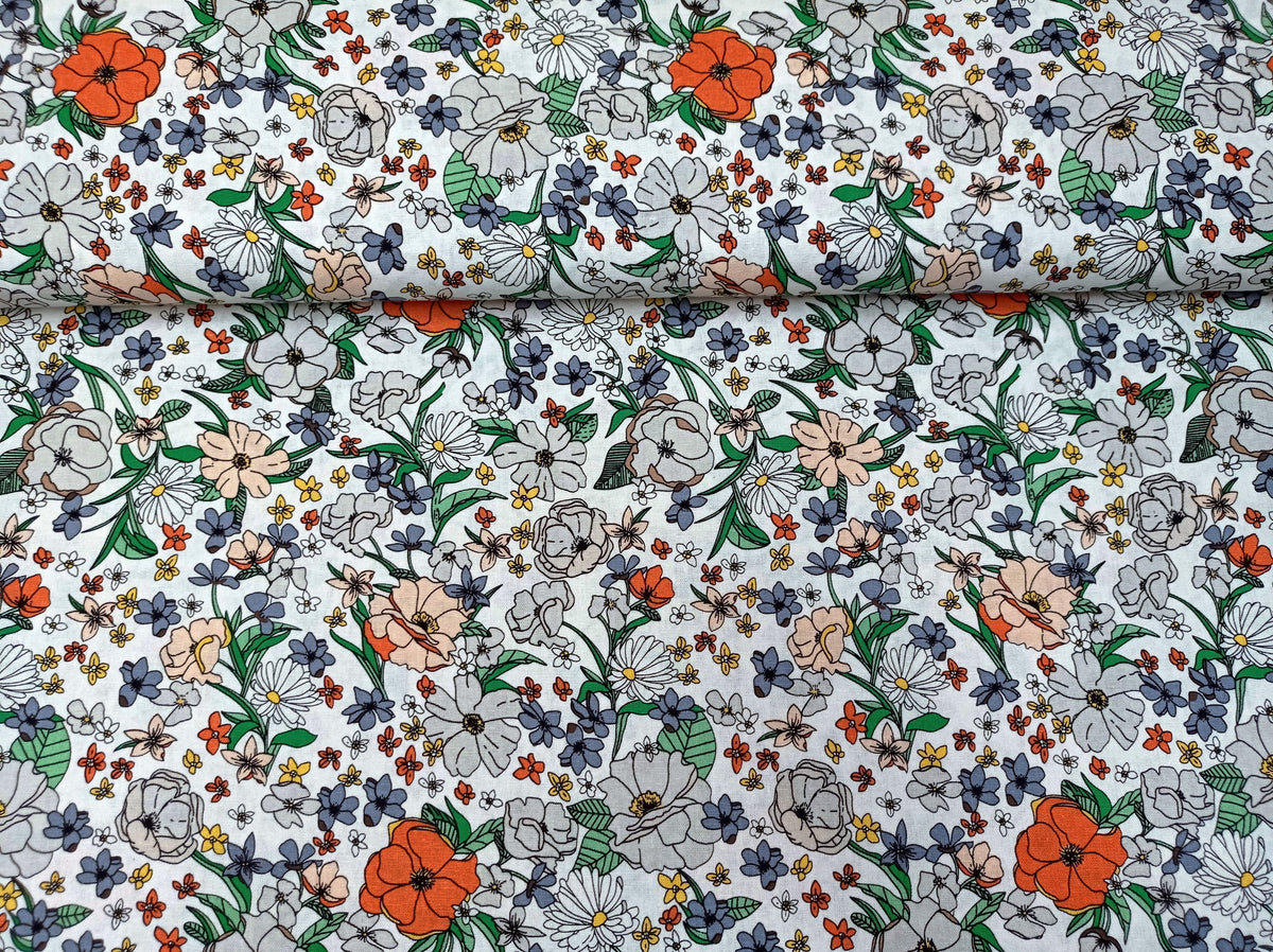 Floraler Sommerstoff in ecru mit bunten Blüten aus Viskose Leinen - Modemeter Stoffmarkt Trier   modemeter.de