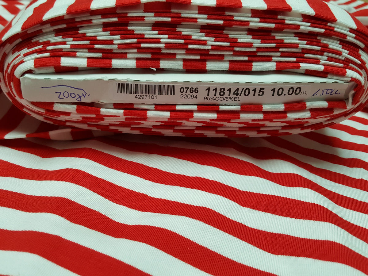 Baumwoll Jersey mit 1 cm breiten Streifen in rot weiß - Modemeter Stoffmarkt Trier   modemeter.de