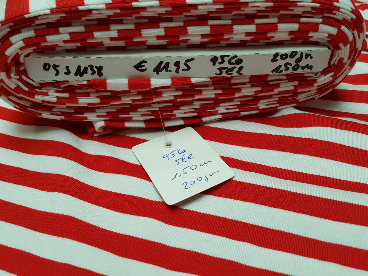 Baumwoll Jersey mit 1 cm breiten Streifen in rot weiß - Modemeter Stoffmarkt Trier   modemeter.de